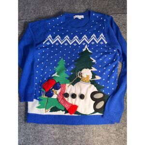 Jolly Sweaters Womens XL Blue Snowman Beer Drinking in Sunglasses Ugly Christmas